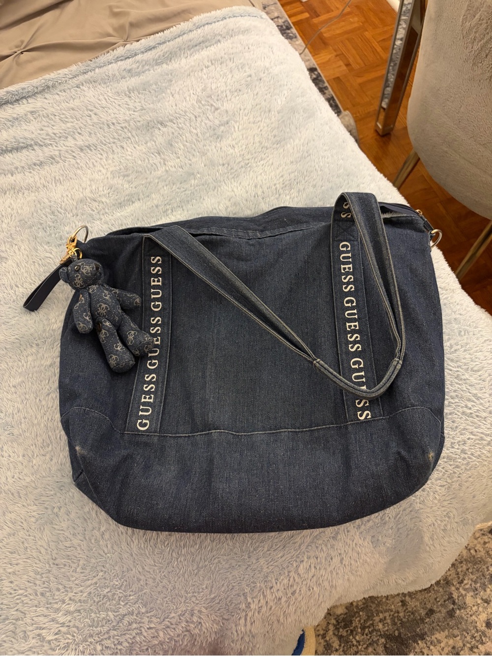 GUESS Navy Denim Shoulder Tote with Logo Straps and Teddy Charm
